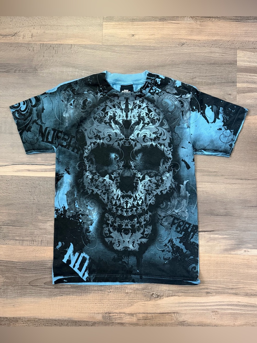 Y2K No Fear Men's Blue & Black Gothic Skull Graphic Crewneck T-Shirt Size Small
